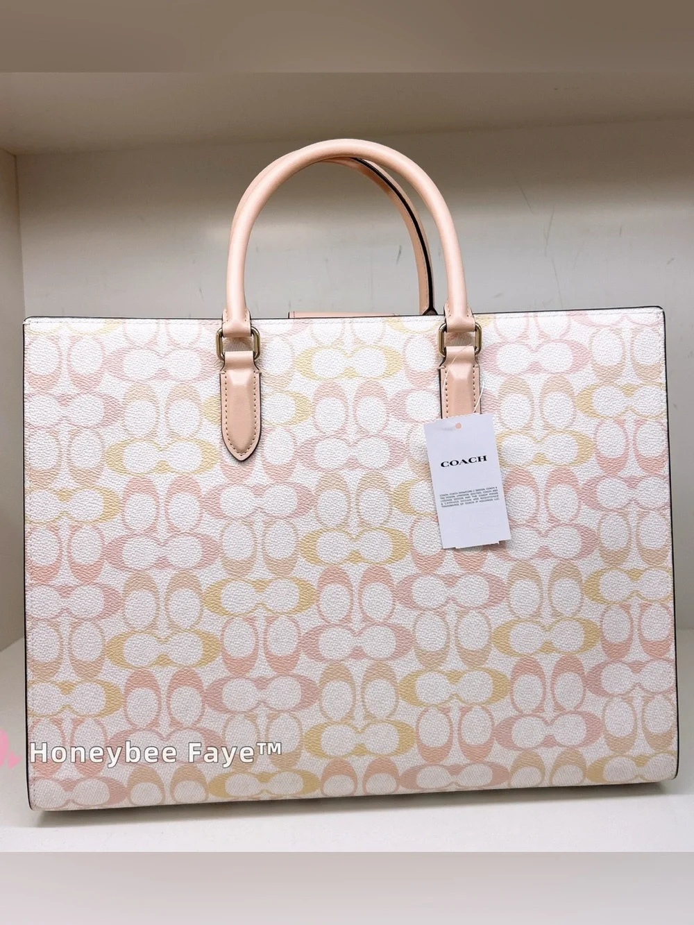 Coach Maggie tote Pink and Cream Signature Tote with Bow Pearl Charm large size